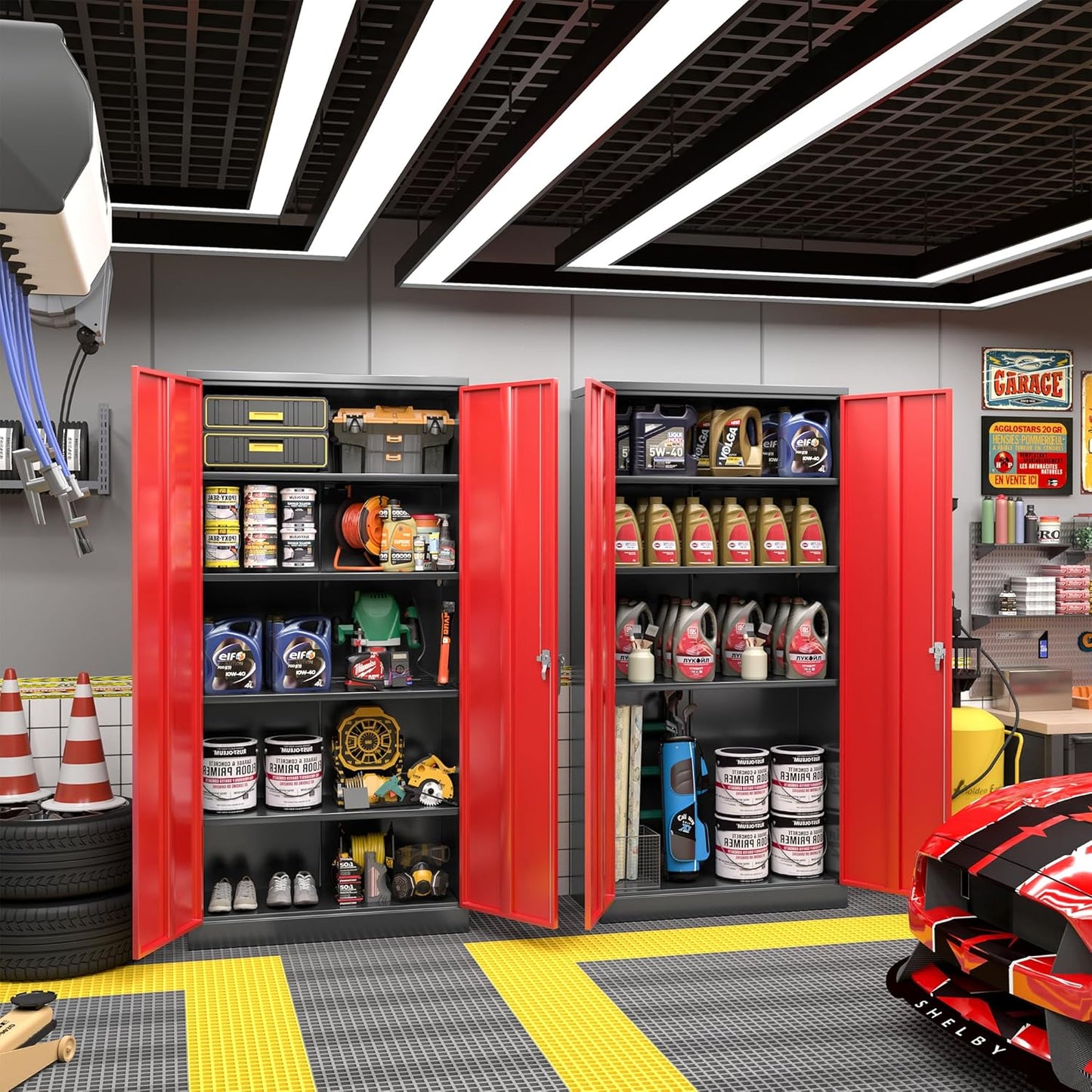 Greenvelly Metal Storage Cabinet with Doors and Adjustable Shelves,72" Black Red Locking Steel Garage Cabinet with Lock, Metal Tool Cabinets for Garage,Home Office,School