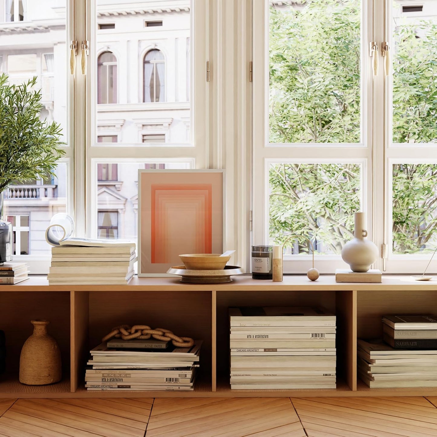 HAUS AND HUES Colorful Abstract Wall Art - Minimalist Retro Picture for Living Room Decor, Red and Pink Modern Wall Art Painting (Pink Geometric, Walnut Frame, 16x20)