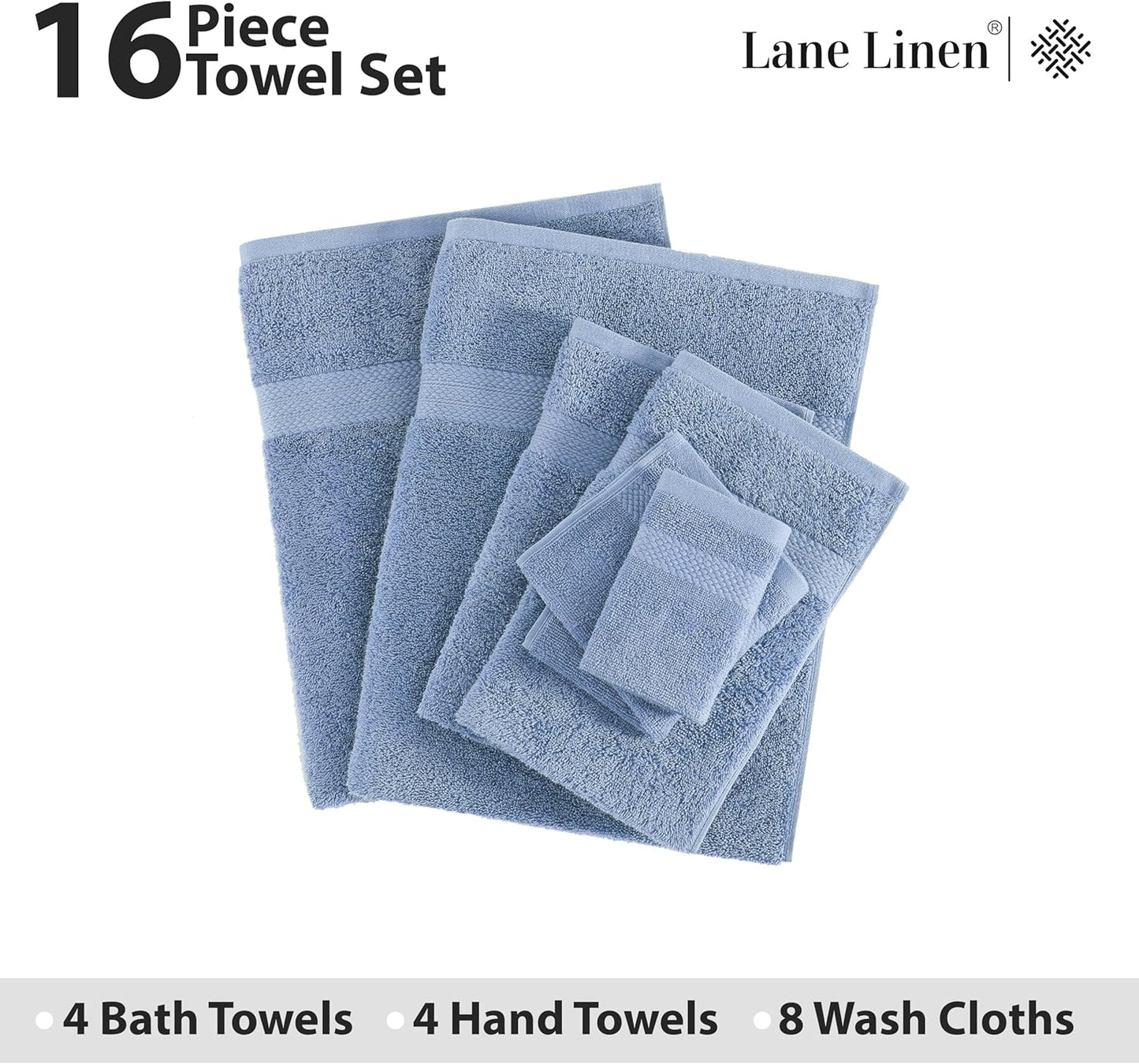 LANE LINEN 100% Cotton Premium Bathroom Towels Set - 16 Pieces - Ring Spun, Quick Dry, Super Soft & Highly Absorbent - 4 Bath, 8 Washcloths, 4 Hand Towels for Bathroom - Pre Shrunk - Cerulean Blue