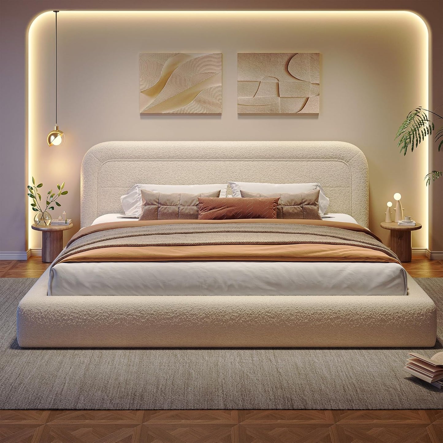 King Size Bed Frame and Headboard, Upholstered Cloud Bed Frame, Anti-Collision Soft Rounded Corners, for Modern Bedrooms, Apartments, Guest Rooms, White