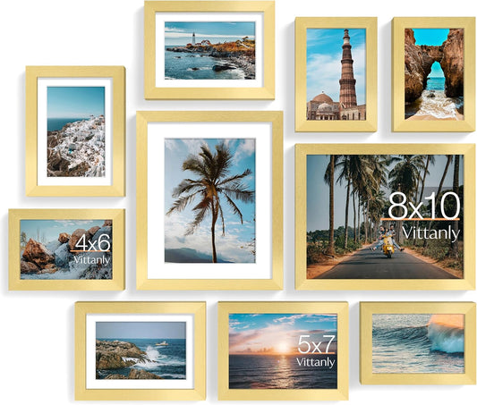 Vittanly Picture Frames Set of 10, Picture Frames Collage Wall Decor with Two 8x10, Four 5x7, and Four 4x6 Photo Frames, Gallery Wall Frame Set for Wall or Tabletop Display, Gold