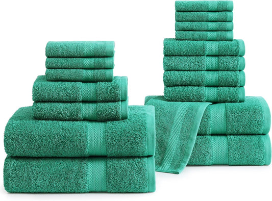 LANE LINEN 100% Cotton 16 Piece Bath Towel Set - Ring Spun, Quick Dry, Super Soft & Highly Absorbent - 4 Bath, 8 Washcloths, 4 Hand Towels for Bathroom - Hotel Quality Bathroom Towel Set - Emerald