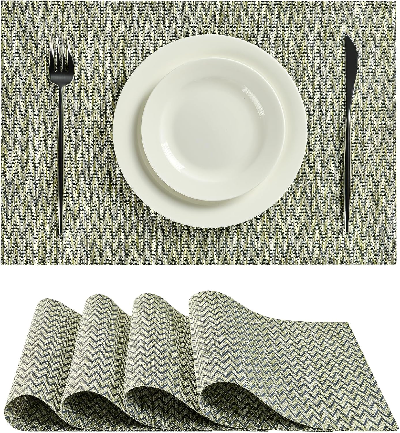 Leetaltree Green Placemats Set of 4 - Heat Resistant Non-Slip Place mats for Dining Table, Washable Durable PVC Vinyl Woven Table Mats（Green Zigzag, 4）