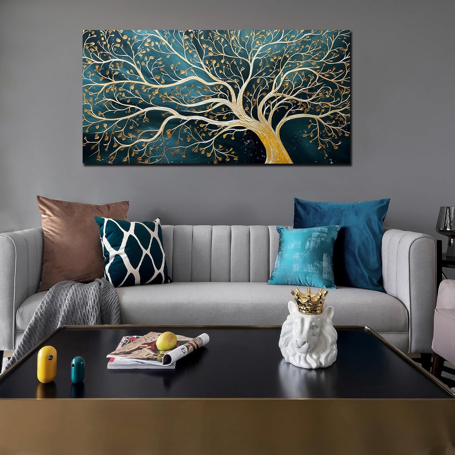 ENTANUB Tree Wall Art for Living Room, Gold and Green Abstract Wall Decor for Bedroom, Tree of Life Print Paintings Artwork, Size 24x48 Inches