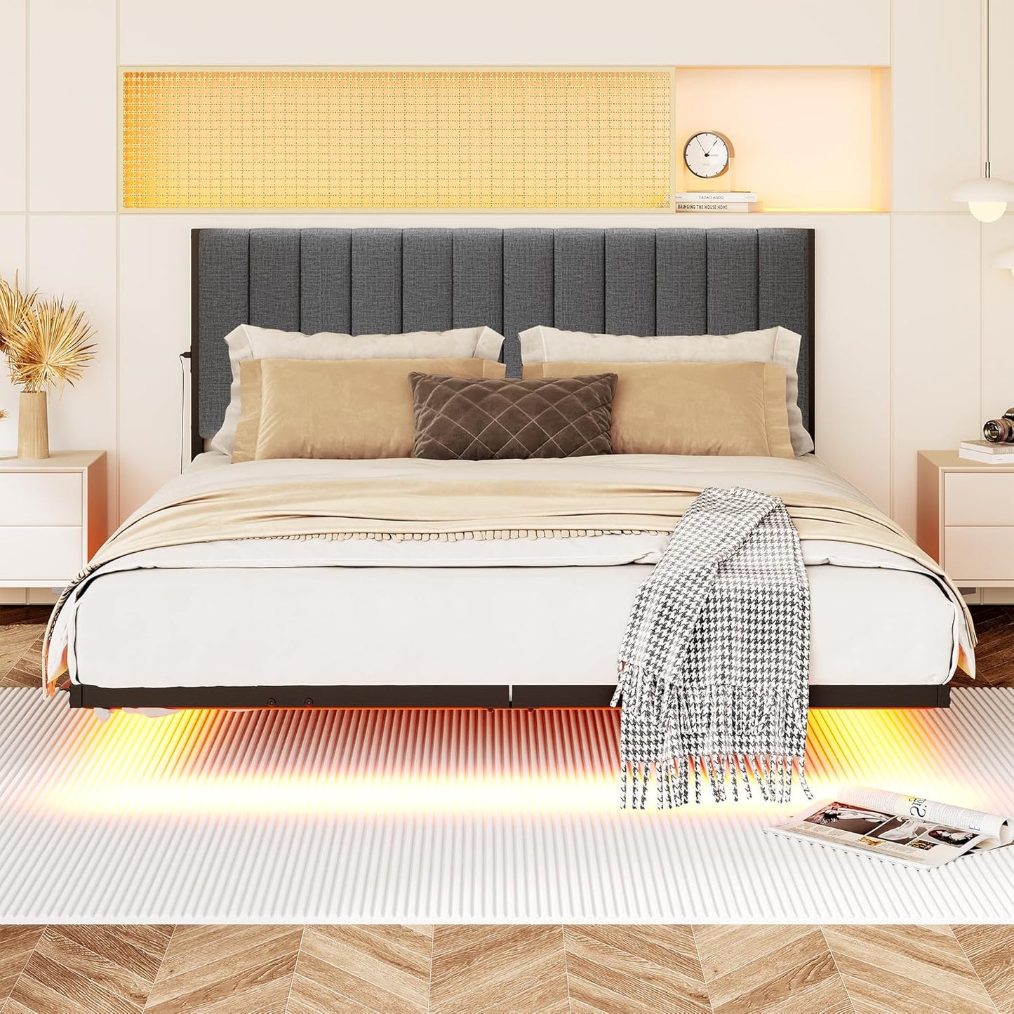 Floating Queen Bed Frame with LED Lights & Charging Station,Modern Metal Platform Bed Frame Queen Size with Upholstered Headboard,No Box Spring Needed,Heavy Duty Steel Slats,Easy Assembly,Noise Free
