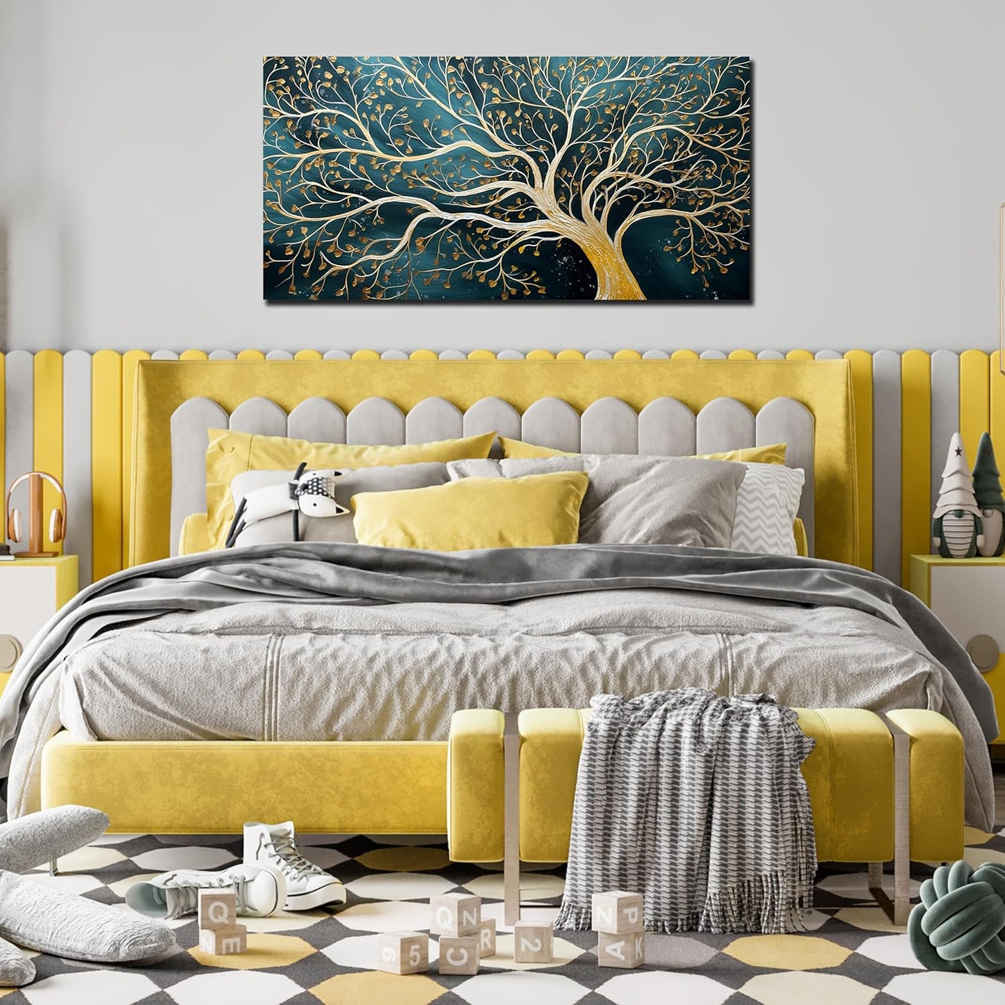 ENTANUB Tree Wall Art for Living Room, Gold and Green Abstract Wall Decor for Bedroom, Tree of Life Print Paintings Artwork, Size 24x48 Inches