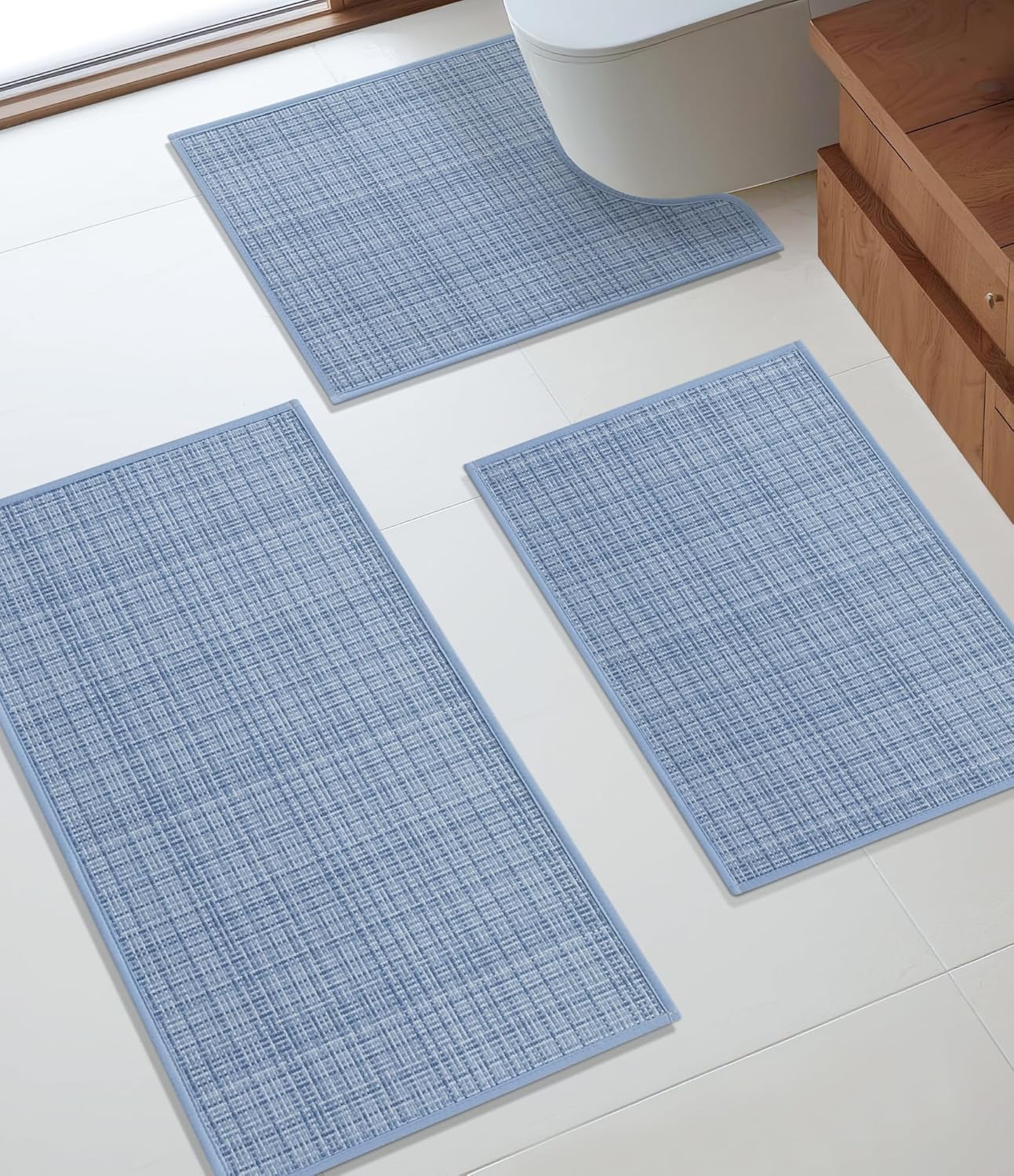 YIHOUSE Bathroom Rugs Sets 3 Pieces, Blue Ultra Thin Bath Mats Fit Under Door, Absorbent Quickly Dry Rubber Backing Braided Bath Mat Set, Non Slip Washable Bath Rugs for Bathroom Floor, Blue