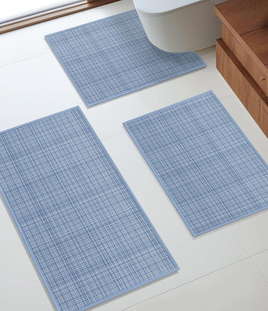 YIHOUSE Bathroom Rugs Sets 3 Pieces, Blue Ultra Thin Bath Mats Fit Under Door, Absorbent Quickly Dry Rubber Backing Braided Bath Mat Set, Non Slip Washable Bath Rugs for Bathroom Floor, Blue