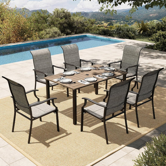 HERA'S HOUSE Patio Dining Set, Outdoor Table Chairs, 6 x All Weather High Back Foam-Padded Dining Chair, 1 x Wood Look Metal Dining Table for Patio, Lawn, Garden, Porch, Festival