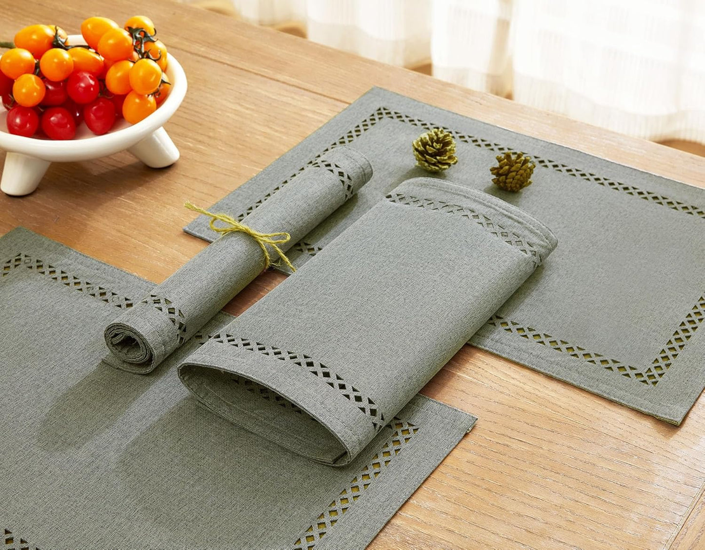 Burlap Placemats Set of 4, 12 x 18 Inch Rustic Geometric Hollow Place Mats, Heat Resistant Placemats for Farmhouse Kitchen Table Decor, Grey 4PCS