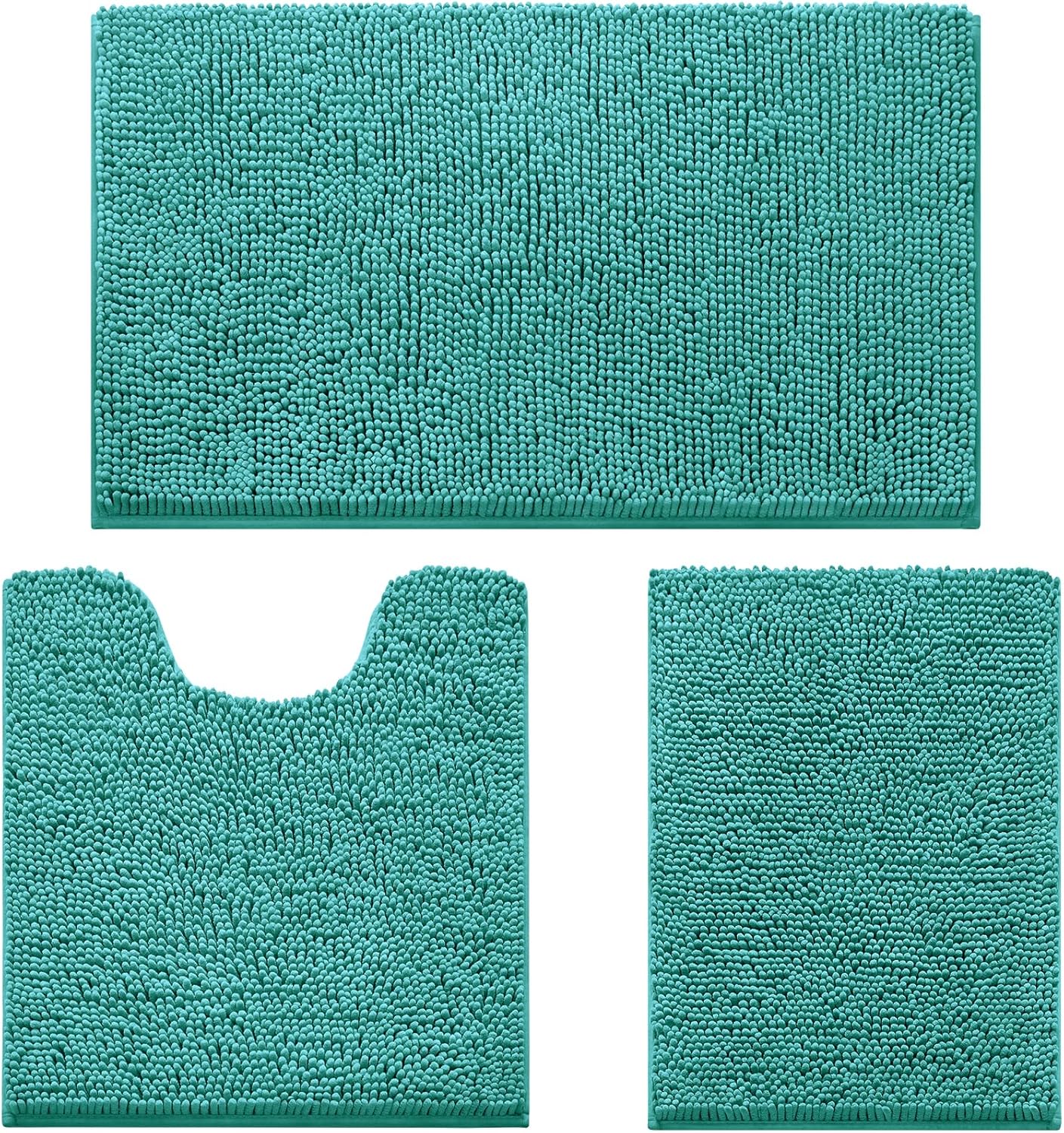 HOMEIDEAS 3 Pieces Bathroom Rugs, Ultra Soft Non Slip Absorbent Chenille Toilet Bath Mat Set (Teal,17"x24"+20"x32"+U Shape 20"x24")