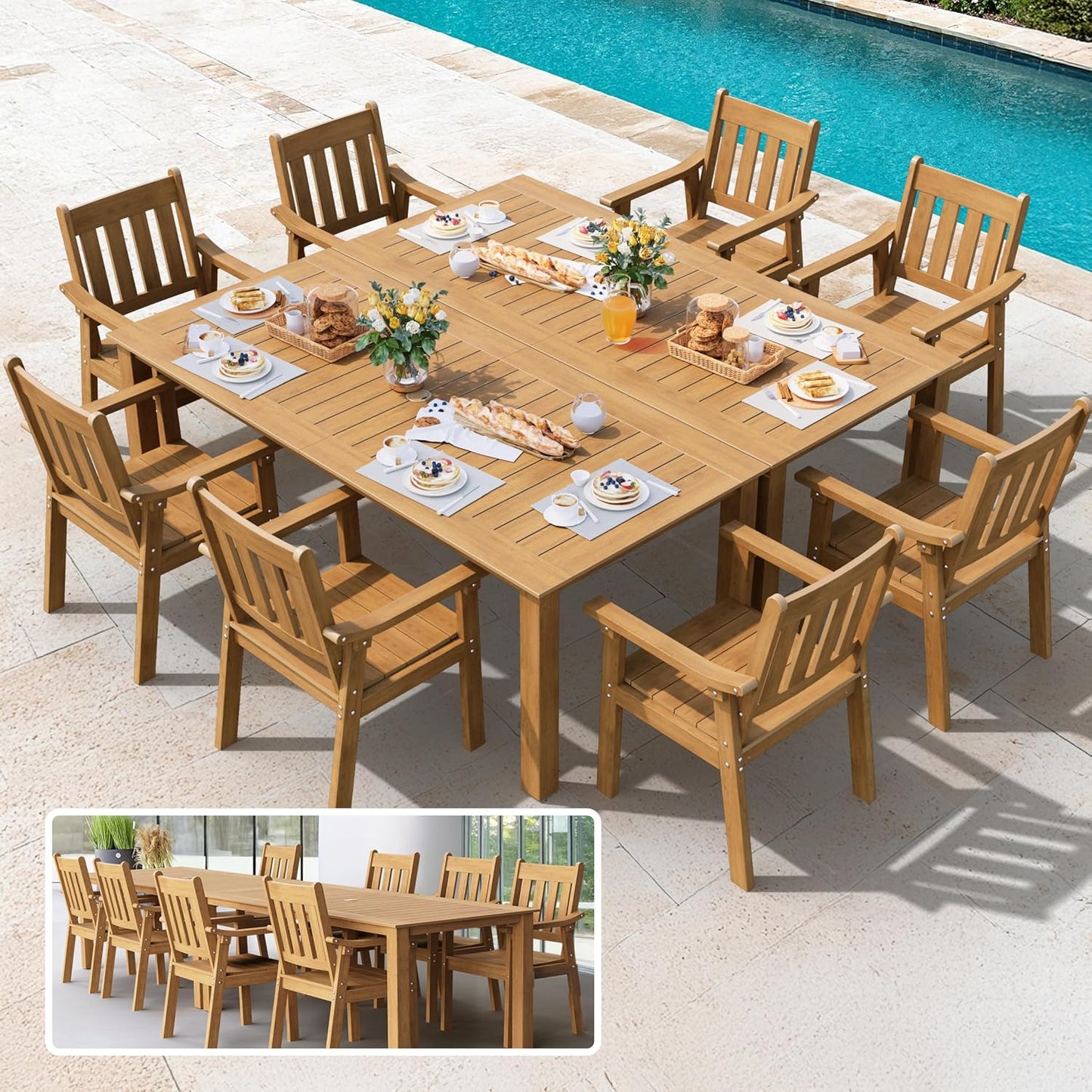 YEFU HIPS Patio Table Set: 10 Piece Outdoor Table and Chairs Dining Furniture Set with Umbrella Hole - Teak Modern Plastic Dining Sets 8 Person for Outside Deck with Metal Aluminum Frame
