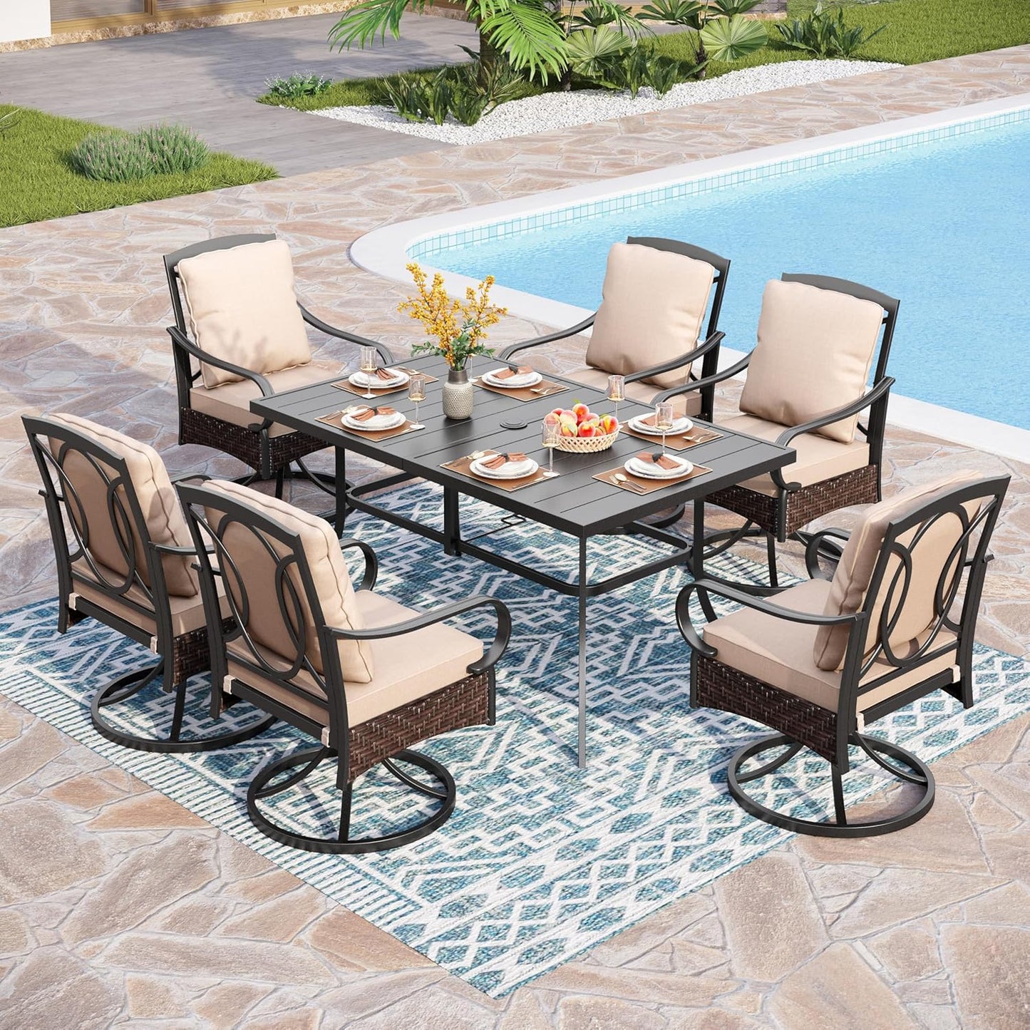 PHI VILLA Outdoor Dining Set for 6, All-Weather Patio Table and Chairs Set for 6, Heavy Duty Rectangle Patio Metal Table Set for Deck, 6 Extra Large Outdoor Swivel Chairs with Thick Cushions