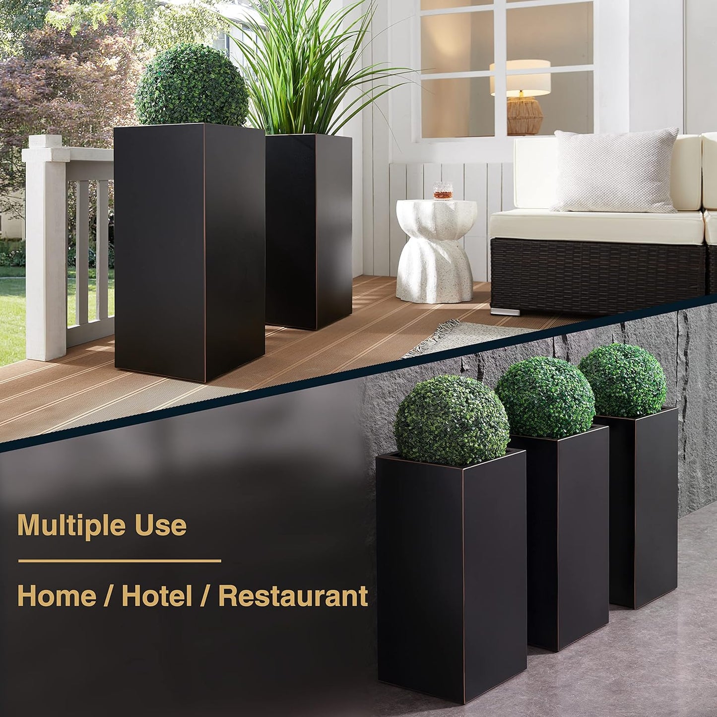 Wallowa Metallic Heavy Planter for Outdoor Plants, 14Lx14Wx30H Inches, Tall Metal Planter Box with Hand Brushed Gold Edge for Outside & Indoor, 25 Pounds, No Assembly and Seamless, Set of 2 (Black)