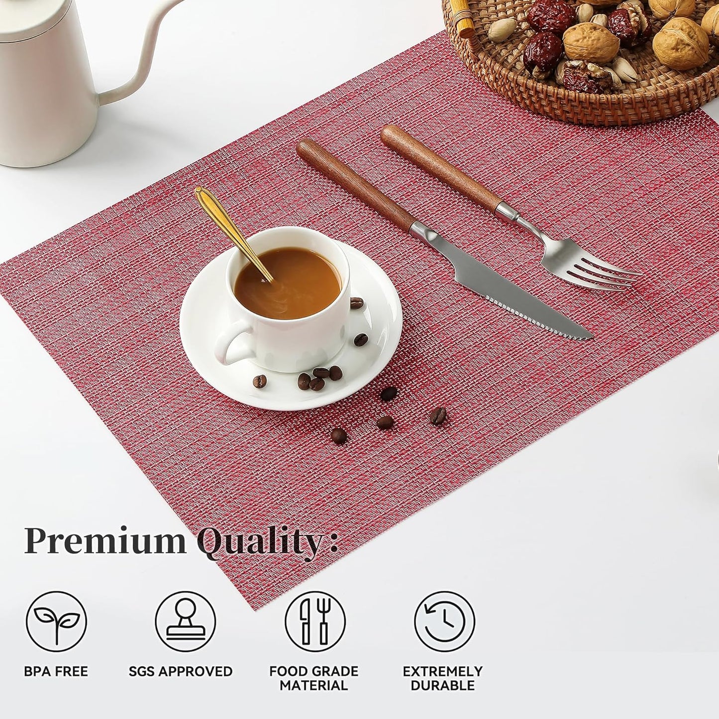 Leetaltree Red Placemats Set of 8 - Heat Resistant Non-Slip Place mats for Dining Table, Washable Durable PVC Vinyl Woven Table Mats（Red, 8）