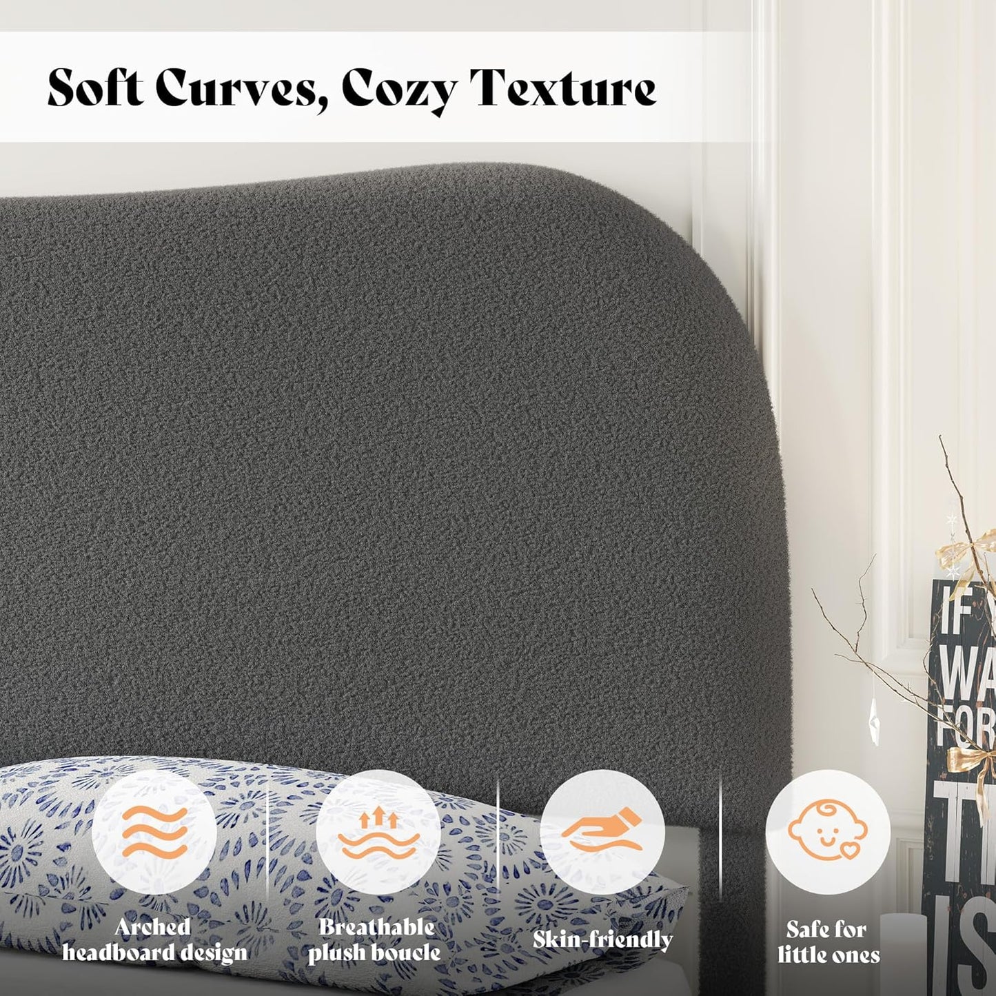 AMERLIFE King Size Upholstered Boucle Bed Frame, Soft Cloud Platform Bed with Adjustable Headboard, Modern Design, Rounded Corners, Rubberwood Legs, No Box Spring Needed, Easy Assembly, Charcoal Gray