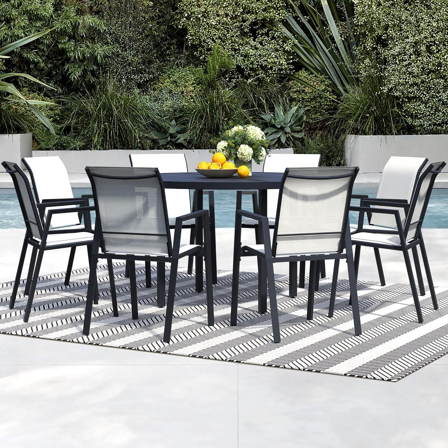9 Piece Outdoor Dining Set, Patio Table and Chairs Set of 8, 60" Black Round Patio Table with 8 Oyster Beige Stackable Patio Chairs for Lawn, Garden, Porch