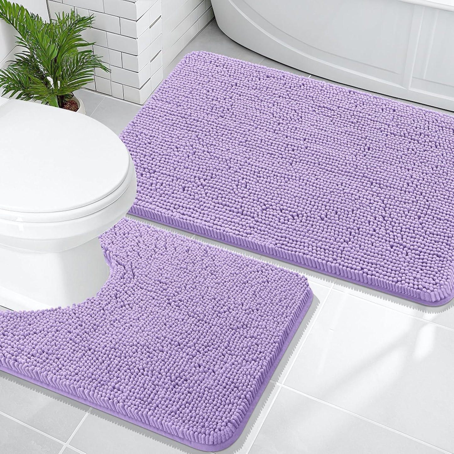 OLANLY Bathroom Rugs Sets 2 Piece, Soft Absorbent Chenille Bath Mats and U-Shaped Contour Toilet Mat Area Rug Set, Machine Washable Bath Carpet, Home Decor Accessories(36"x24"+24"x20", Lavender)