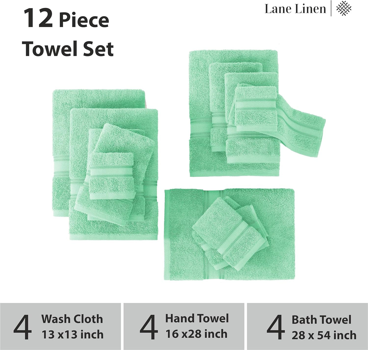 LANE LINEN Luxury Bath Towels Set - 12 Piece Set, 100% CottonBathroom Towels, Zero Twist, Shower Towels, Extra Absorbent Bath Towel, Super Soft, 4 Bath Towels, 4 Hand Towels, 4 Wash Cloths - Aqua Sky