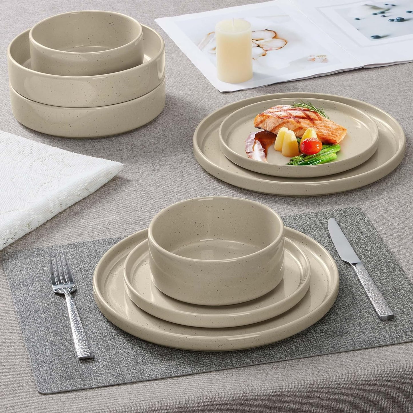 Herogo 24 Piece Dinnerware Sets with Double Bowls, Stoneware Plate and Bowls Set for 6, Ceramic Dinner Dishware for Kitchen Dining, Microwave & Dishwasher Safe, Speckled Khaki