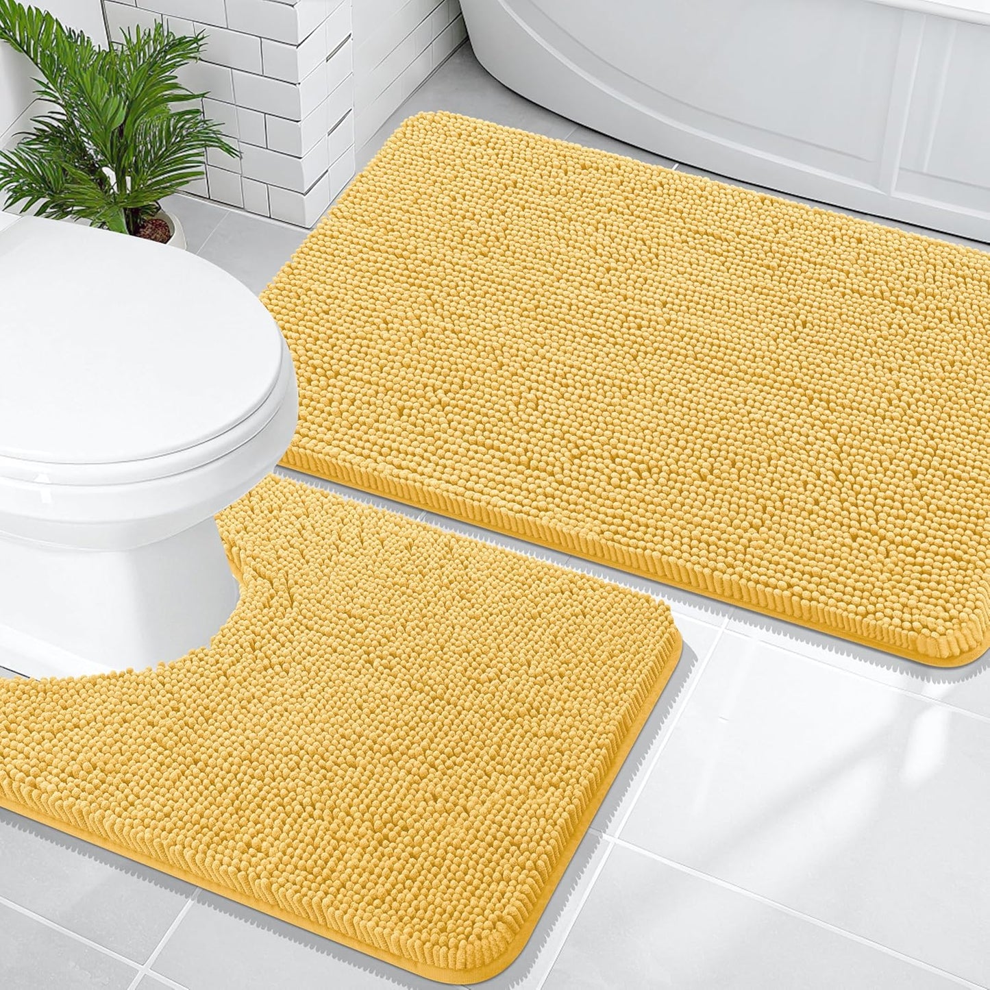 OLANLY Bathroom Rugs Sets 2 Piece, Soft Absorbent Chenille Bath Mats and U-Shaped Contour Toilet Mat Area Rug Set, Machine Washable Bath Carpet, Home Decor Accessories(36"x24"+24"x20", Yellow)
