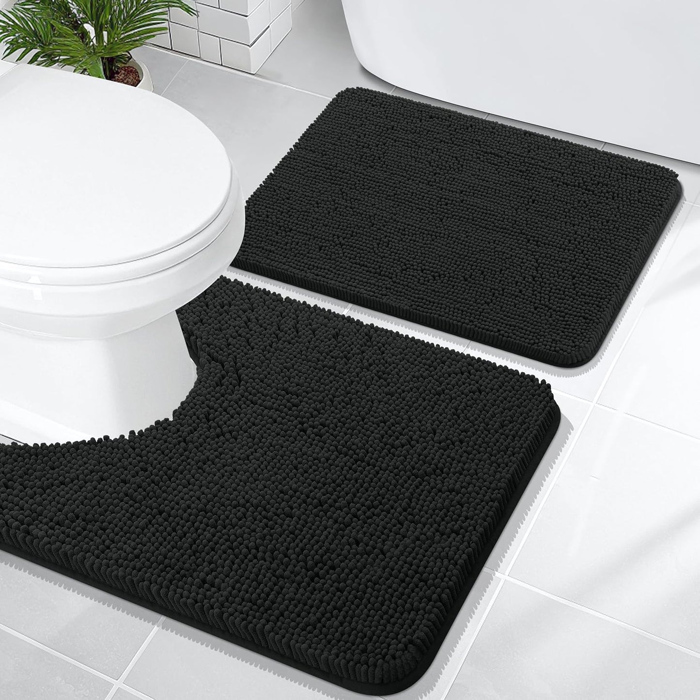 OLANLY Bathroom Rugs Sets 2 Piece, Soft Absorbent Chenille Bath Mats and U-Shaped Contour Toilet Mat Area Rug Set, Machine Washable Bath Carpet, Home Decor Accessories(24"x16"+24"x20", Black)