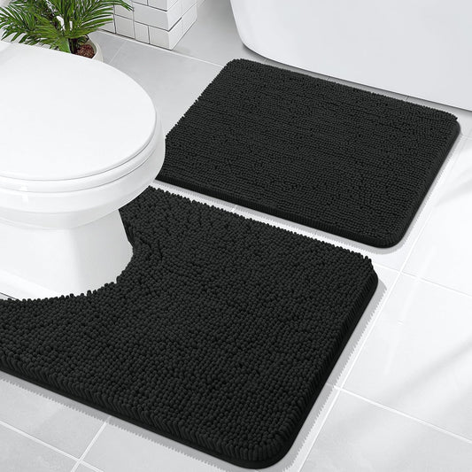OLANLY Bathroom Rugs Sets 2 Piece, Soft Absorbent Chenille Bath Mats and U-Shaped Contour Toilet Mat Area Rug Set, Machine Washable Bath Carpet, Home Decor Accessories(24"x16"+24"x20", Black)