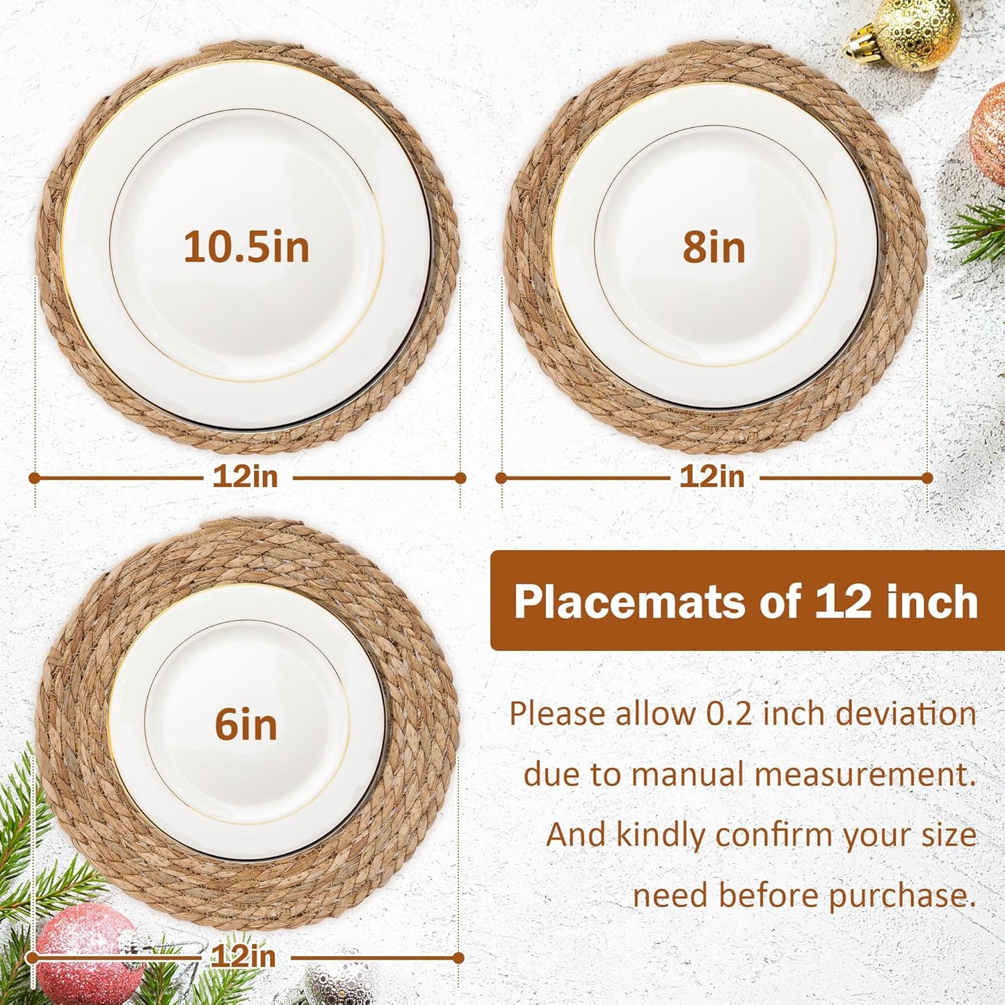 GENMOUS Woven Placemats Set of 6, 12" Round Placemats Natural Water Hyacinth Boho Placemats, Farmhouse Rattan Chargers for Dinner Plates, Rustic Braided Wicker Table Mats for Dining Table,Home,Wedding