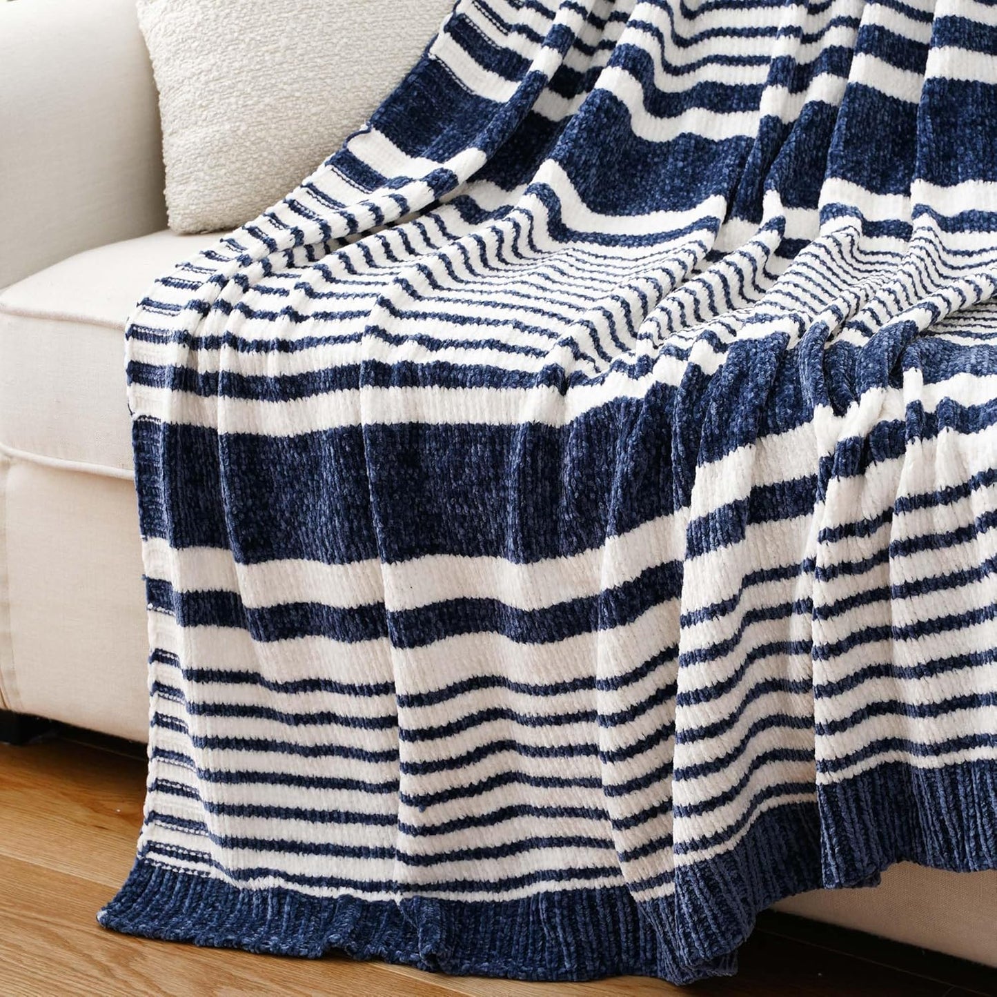 BATTILO HOME Navy and White Throw Blanket for Couch, Navy Throw Blankets, Super Soft Cozy Chenille Knit Throw Blanket for Chair, Sofa, Bed, 51"x67"