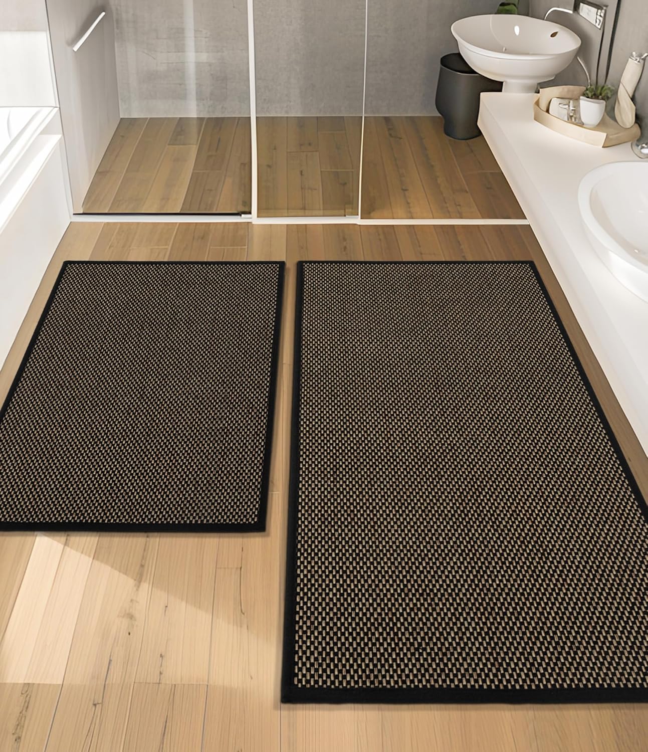 YIHOUSE Bathroom Rugs Sets 2 Pieces, Black Ultra Thin Bath Mats Fit Under Door, Absorbent Quickly Dry Rubber Backing Braided Bath Mat Set, Non Slip Washable Bath Rugs for Bathroom Floor, Black