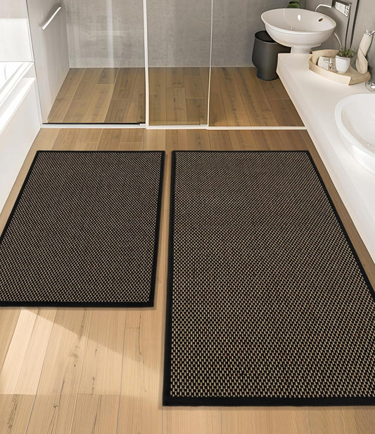 YIHOUSE Bathroom Rugs Sets 2 Pieces, Black Ultra Thin Bath Mats Fit Under Door, Absorbent Quickly Dry Rubber Backing Braided Bath Mat Set, Non Slip Washable Bath Rugs for Bathroom Floor, Black
