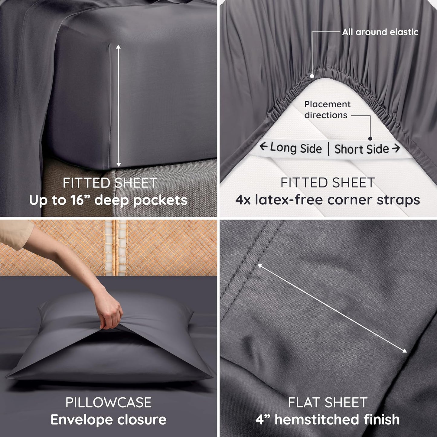 Bambaw 100% Viscose Derived from Bamboo Sheets King Size Set – 6pcs Set of Cooling Sheets for Hot Sleepers, Super Soft Bed Sheets King, Fits Up to 16'' Mattresses, Luxury Bedding Sets King (Charcoal)
