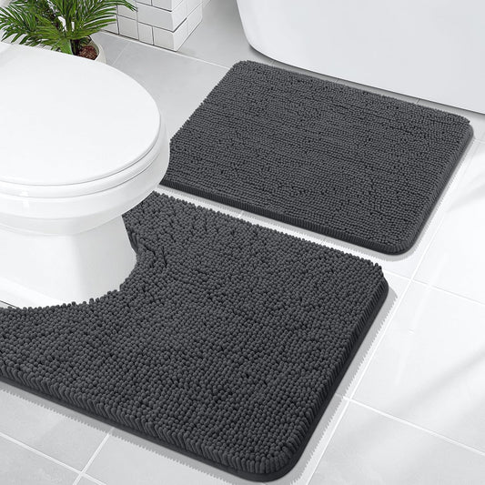 OLANLY Bathroom Rugs Sets 2 Piece, Soft Absorbent Chenille Bath Mats and U-Shaped Contour Toilet Mat Area Rug Set, Machine Washable Bath Carpet, Home Decor Accessories(24"x16"+24"x20", Dark Grey)