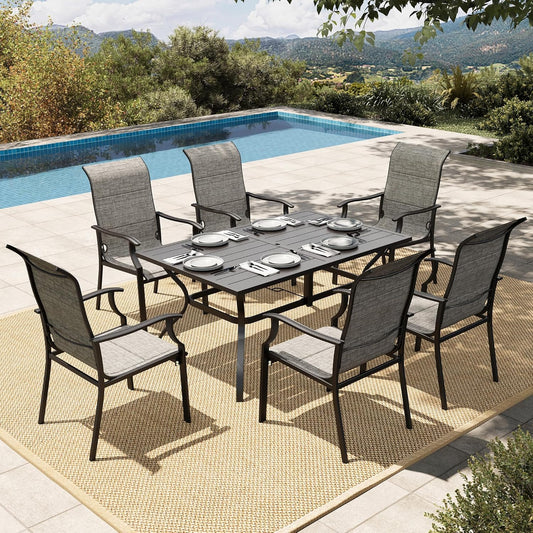 HERA'S HOUSE 7 PCS Patio Dining Set Outdoor Table Chairs, 6 All Weather Textilene High Back Padded Dining Chairs and 60" Large Metal Table with Double Umbrella Hole for Lawn Garden