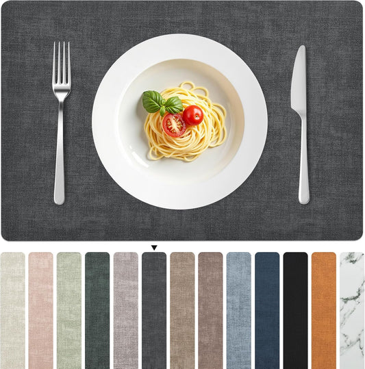 FROMHEART Faux Leather Placemats Set of 6–Waterproof,Heat/Oil Stain-Resistant PU Table Mat–Reversible,Non-Slip,Easy to Clean Place Mats for Kitchen,Dining,Indoor/Outdoor,(Dark Grey,11.8" x 17")