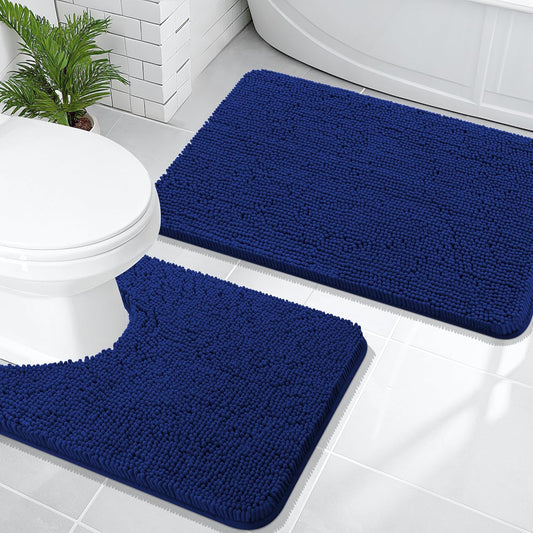 OLANLY Bathroom Rugs Sets 2 Piece, Soft Absorbent Chenille Bath Mats and U-Shaped Contour Toilet Mat Area Rug Set, Machine Washable Bath Carpet, Home Decor Accessories(30"x20"+24"x20", Navy)
