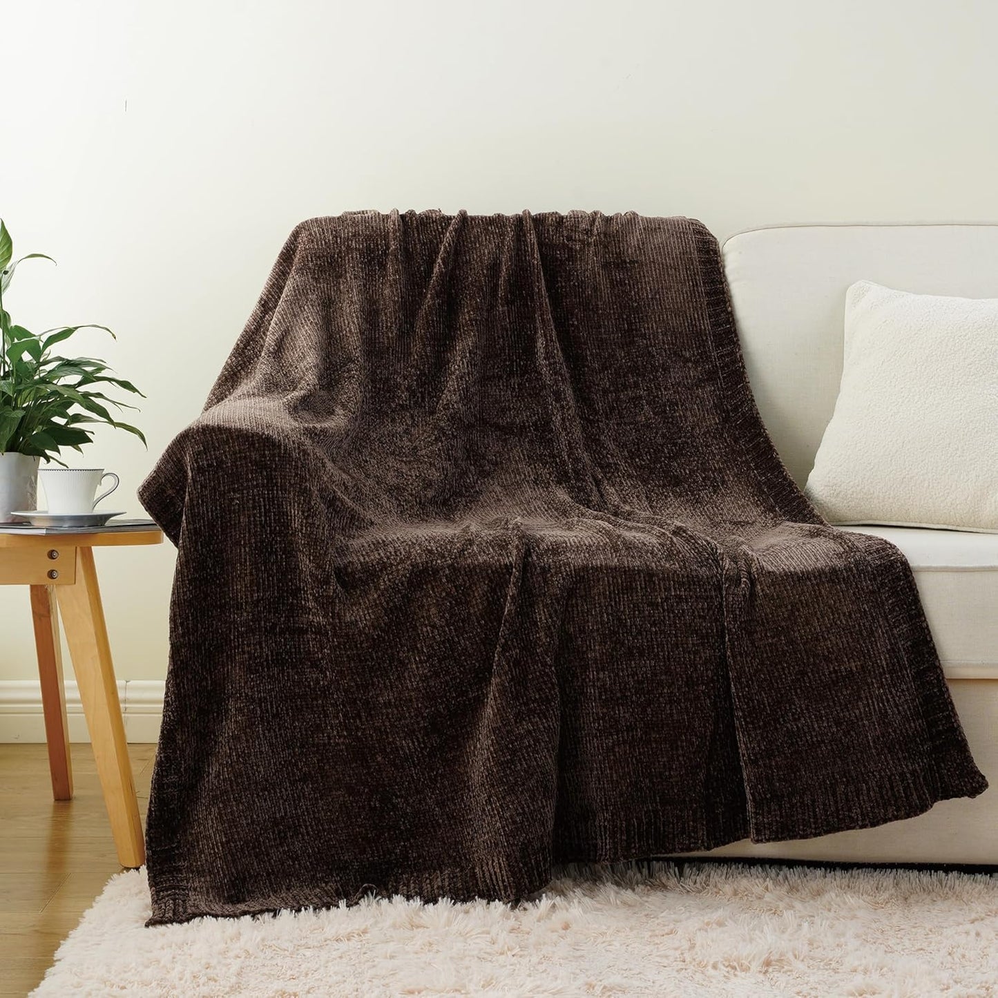 BATTILO HOME Dark Brown Throw Blanket for Couch, Soft Chenille Throw Blankets for Bed, Sofa, Home Decorative Chocolate Brown Throw Blanket, Knitted Cozy Brown Blanket, 51"x67"