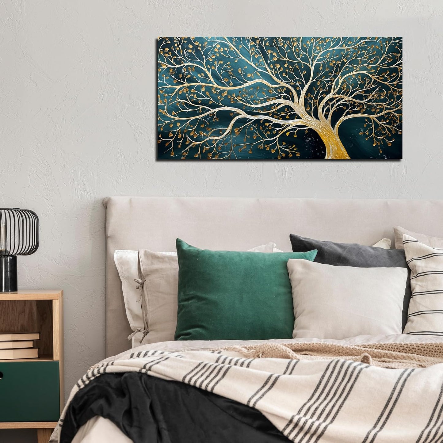 ENTANUB Tree Wall Art for Living Room, Abstract Canvas Wall Decor for Bedroom, Gold and Green Picture Print Artwork, Size 40 x 20 Inches