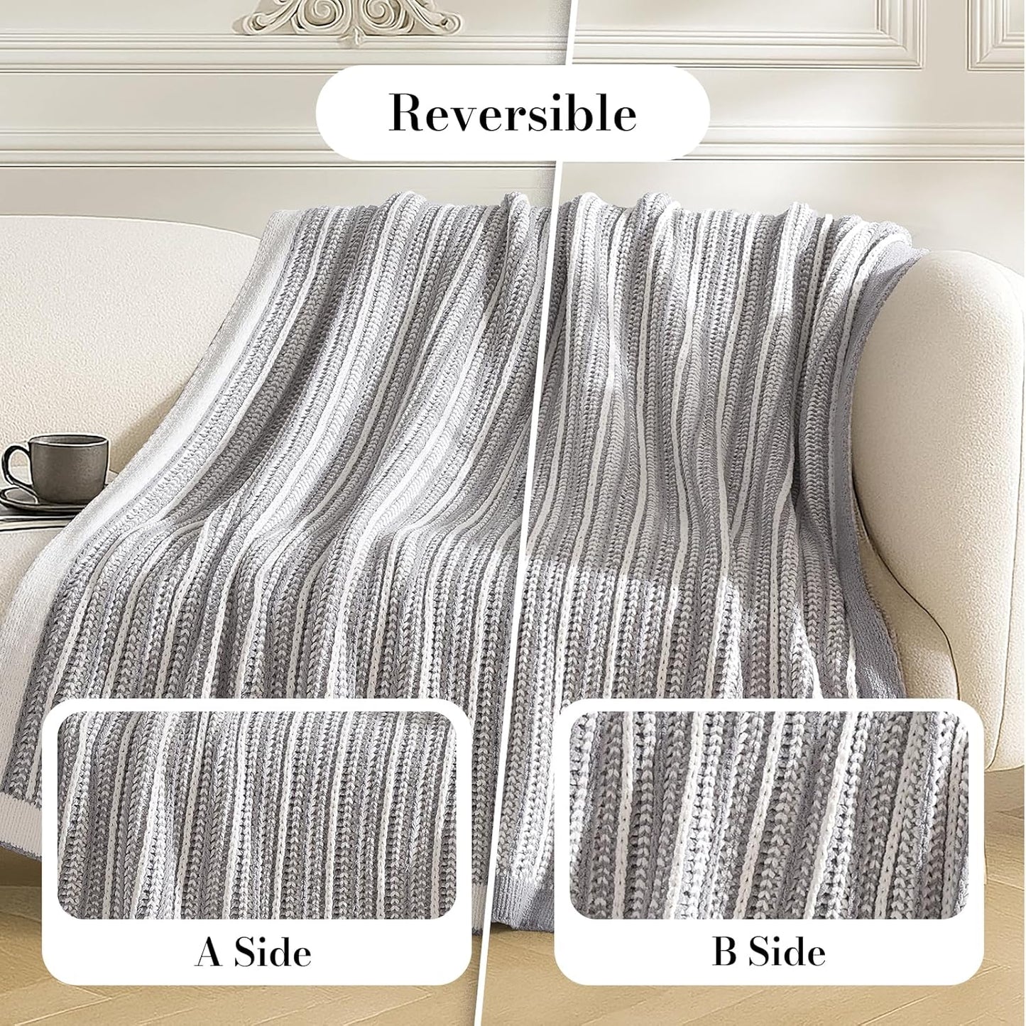 Amélie Home Striped Knit Throw Blanket for Couch, Dual-Sided Soft Chenille Decorative Blankets for Sofa & Chair, 50"x60", Gray & White