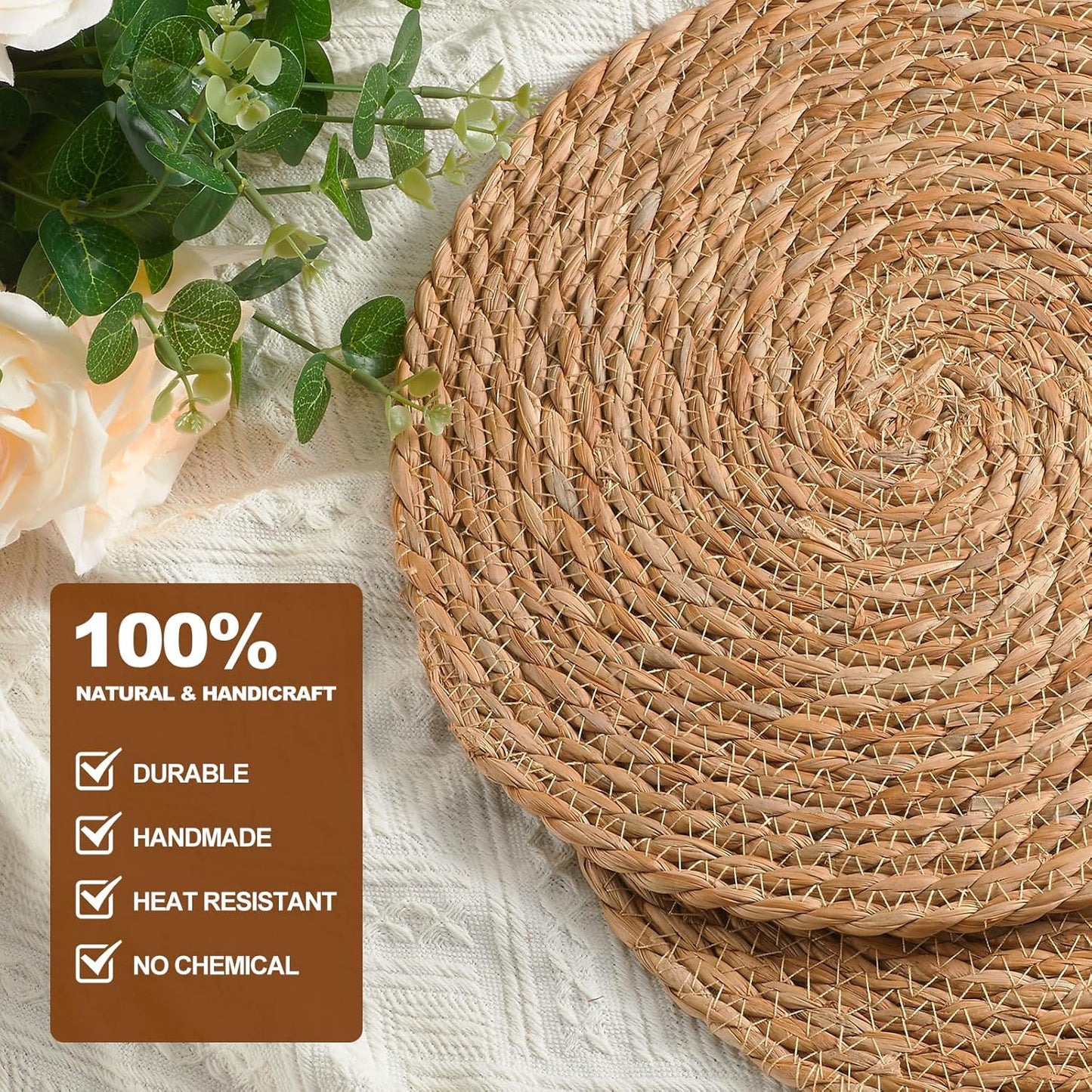 Round Woven Placemats 13 inch Set of 4 - Boho Rattan Placemats Natural Water Hyacinth Placemats, Farmhouse Weave Place Mats, Rustic Braided Wicker Table Mats for Dining Table,Home,Wedding