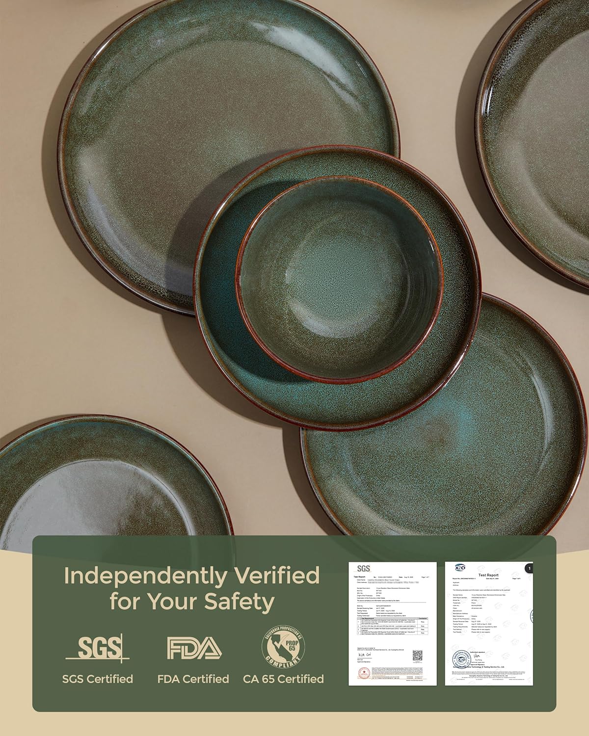 32 Piece Double Bowl Dinnerware Sets with Pasta Bowls, Highly Chip and Crack Resistant Plates and Bowls Sets, Natural Earthyware Ceramic Dishware Sets, Service for 8 Brown Green