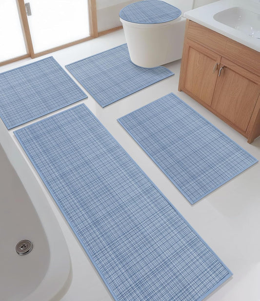 YIHOUSE Bathroom Rugs Sets 5 Pieces, Blue Ultra Thin Bath Mats Fit Under Door, Absorbent Quickly Dry Rubber Backing Braided Bath Mat Set, Non Slip Washable Bath Rugs for Bathroom Floor, Blue