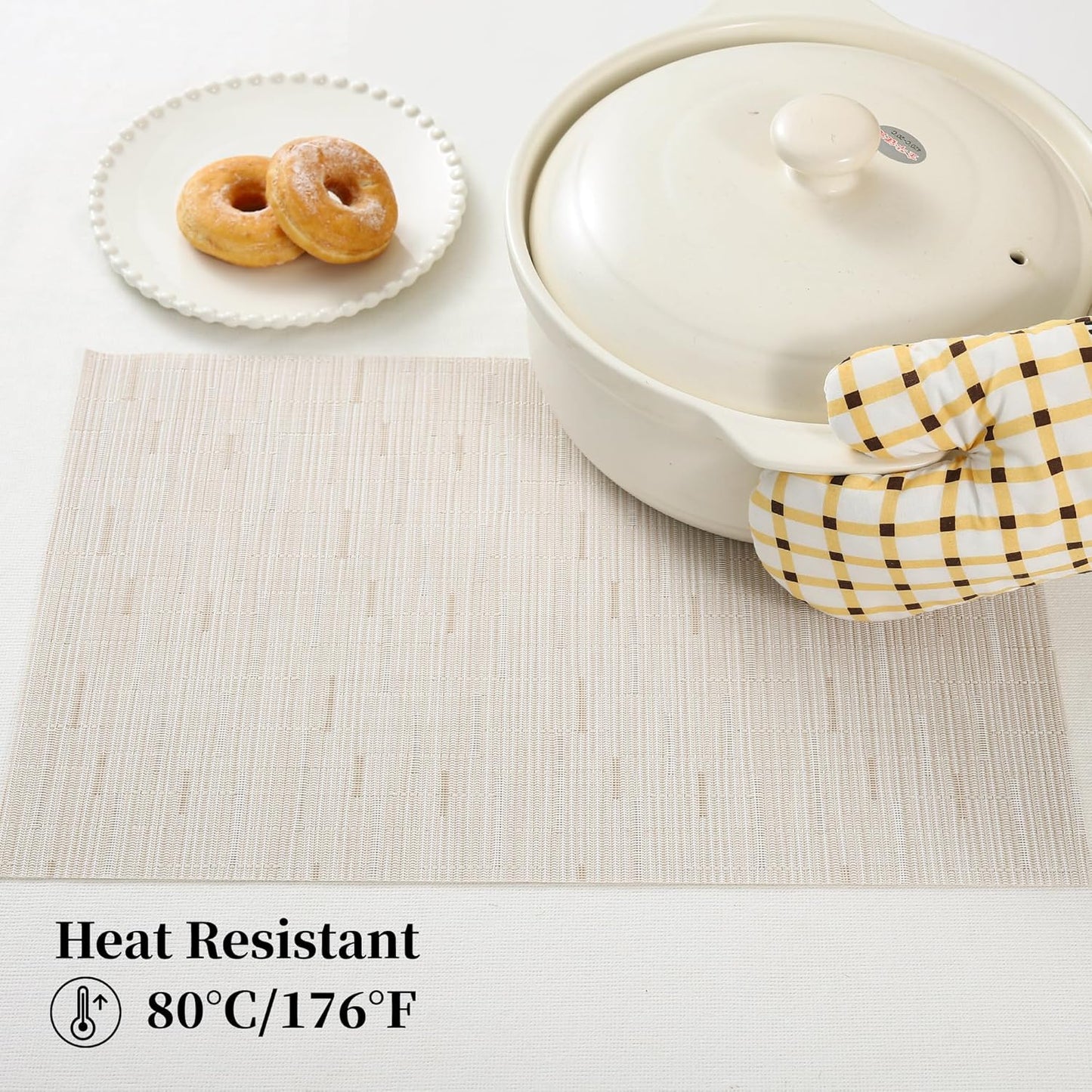 Leetaltree Pale Beige Placemats Set of 4 - Heat Resistant Non-Slip Place mats for Dining Table, Washable Durable PVC Vinyl Woven Table Mats（Pale Beige, 4）