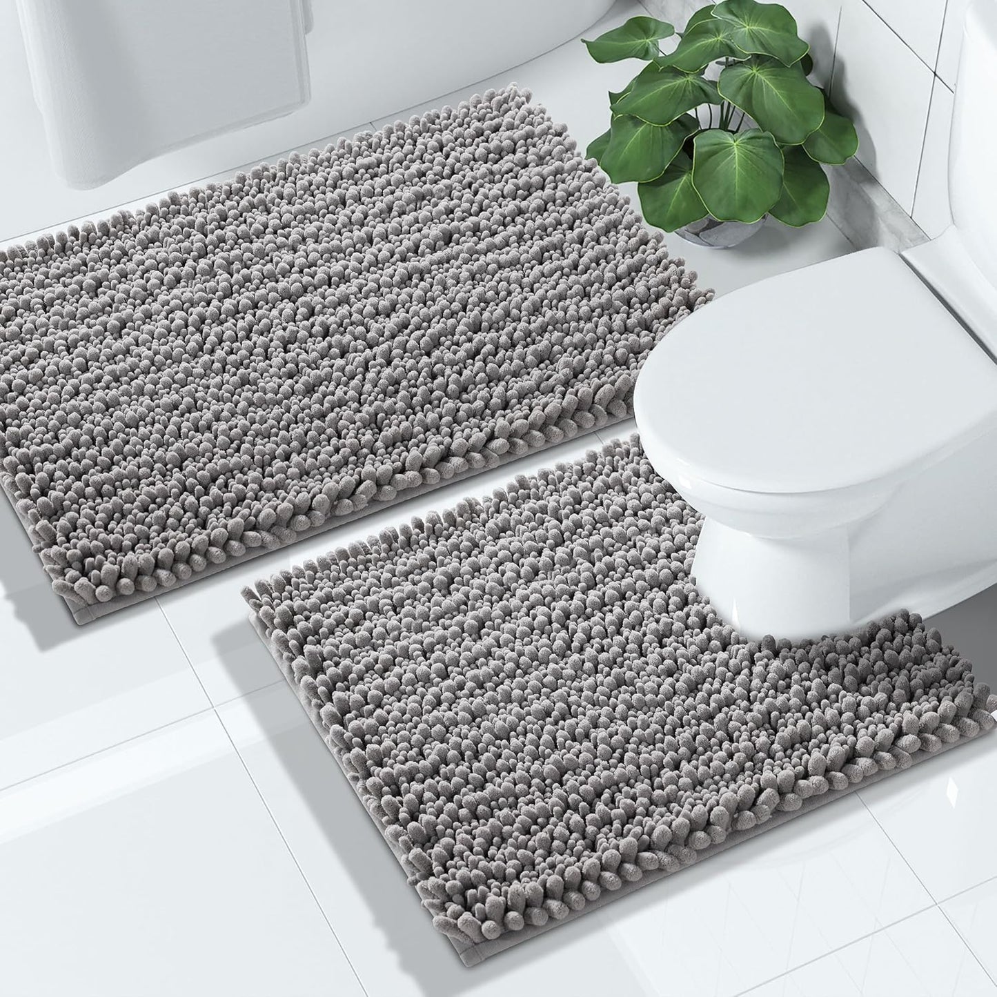 Yimobra Bathroom Rugs Sets 2 Piece - Quick Dry Extra Thick Luxury Chenille Bath Mat, Non Slip Super Absorbent for Tub Shower Sink, Machine Washable Shaggy Floor Mat, 24"x17+24"x20" Inch, Grey