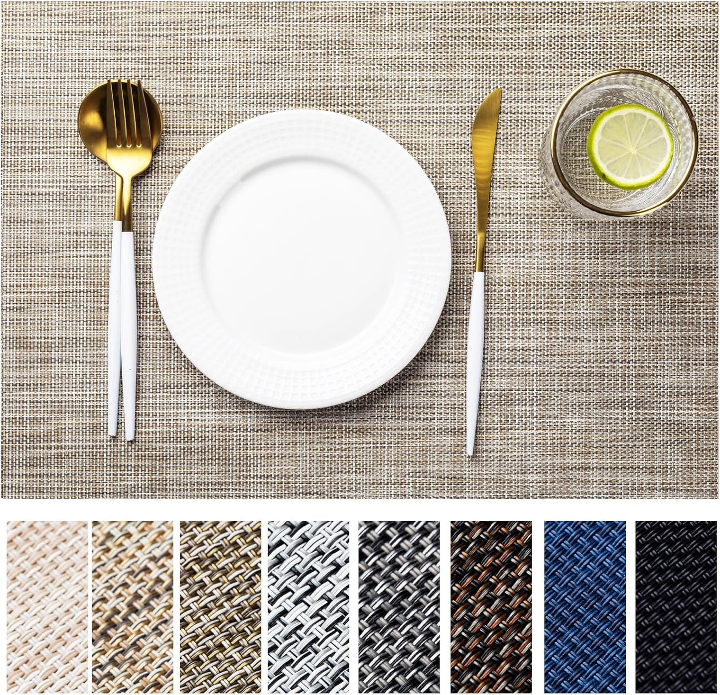 LEXMORE Placemat Set of 4 Vinyl/Plastic Woven Place Mats for Kitchen Table Indoor/Outdoor Washable Placemat Wipeable Dining Table Mats(Caramel)