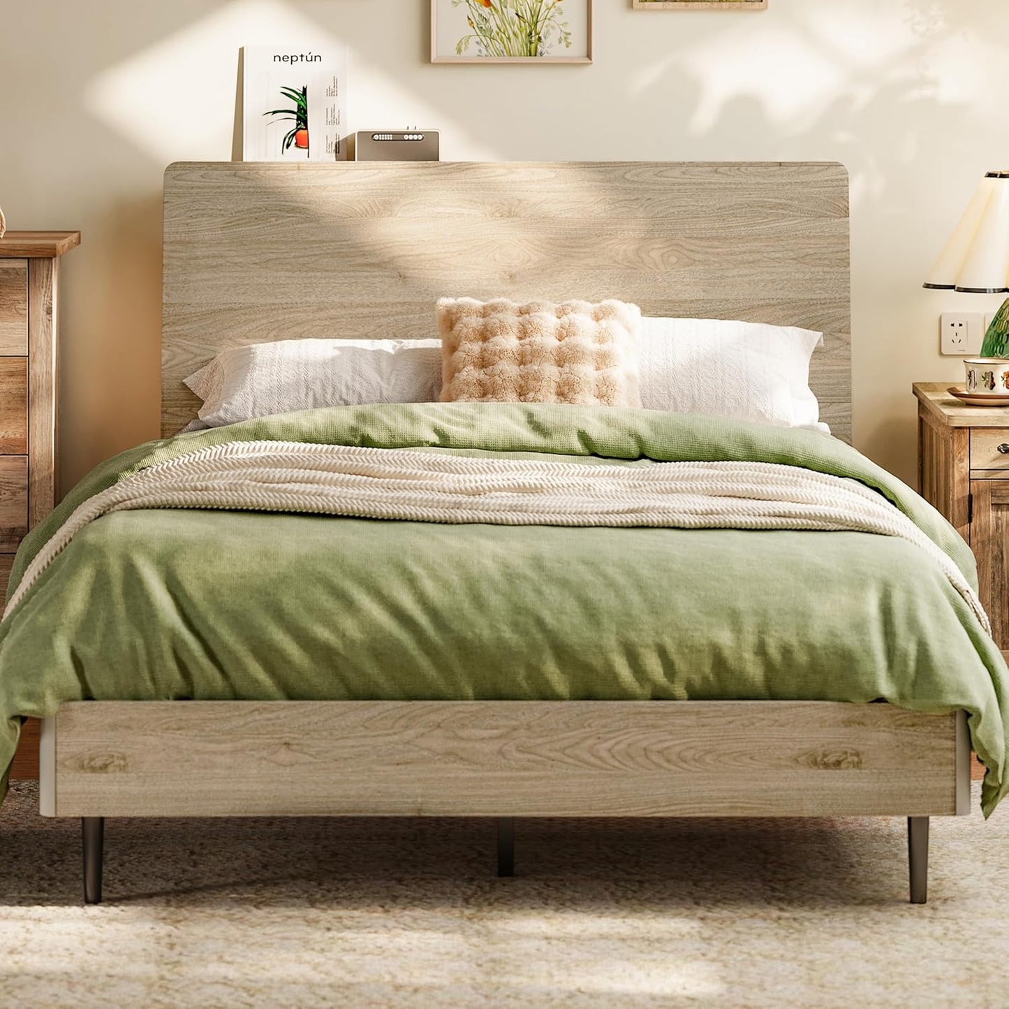LINSY Wood Bed Frame with Headboard, Queen Bedframe Wooden Platform Frames Vintage Queen Size Bed Frames, No Box Spring Needed, Easy Assembly, Boho Wood