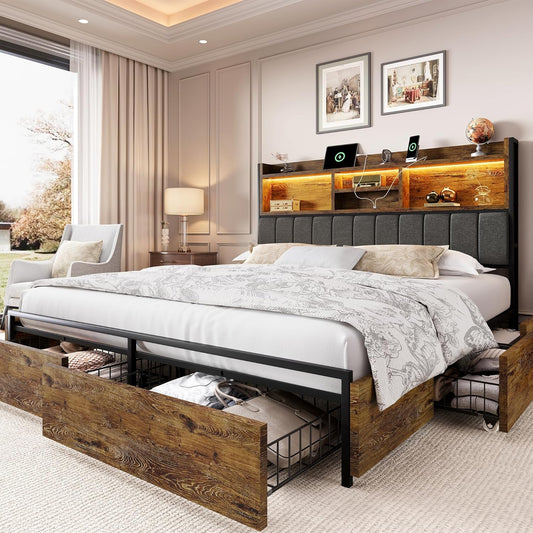 LARMACE Queen Bed Frame with 6 Storage Drawers, Bed Frame Queen Size with Linen Upholstered Headboard, Built in Charging Station and LED, No Noise, Metal Support, No Box Spring Needed,Vintage Brown