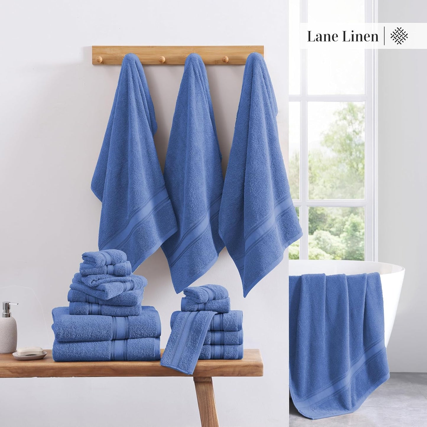 LANE LINEN Luxury Bath Towels Set - 12 Piece Set, 100% Cotton Bathroom Towels, Zero Twist, Quick Dry Shower Towel, Absorbent Bath Towel, 4 Bath Towels, 4 Hand Towels, 4 Wash Cloths - Cerulean Blue