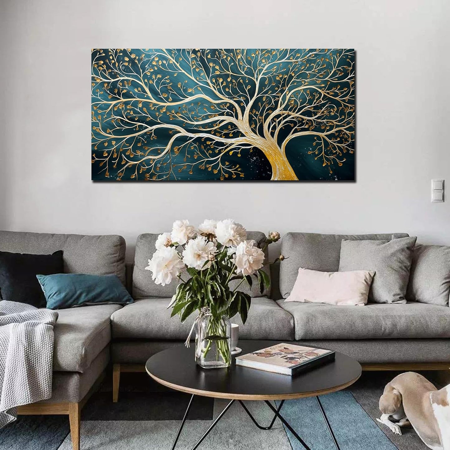 ENTANUB Tree Wall Art for Living Room, Gold and Green Abstract Wall Decor for Bedroom, Tree of Life Print Paintings Artwork, Size 24x48 Inches