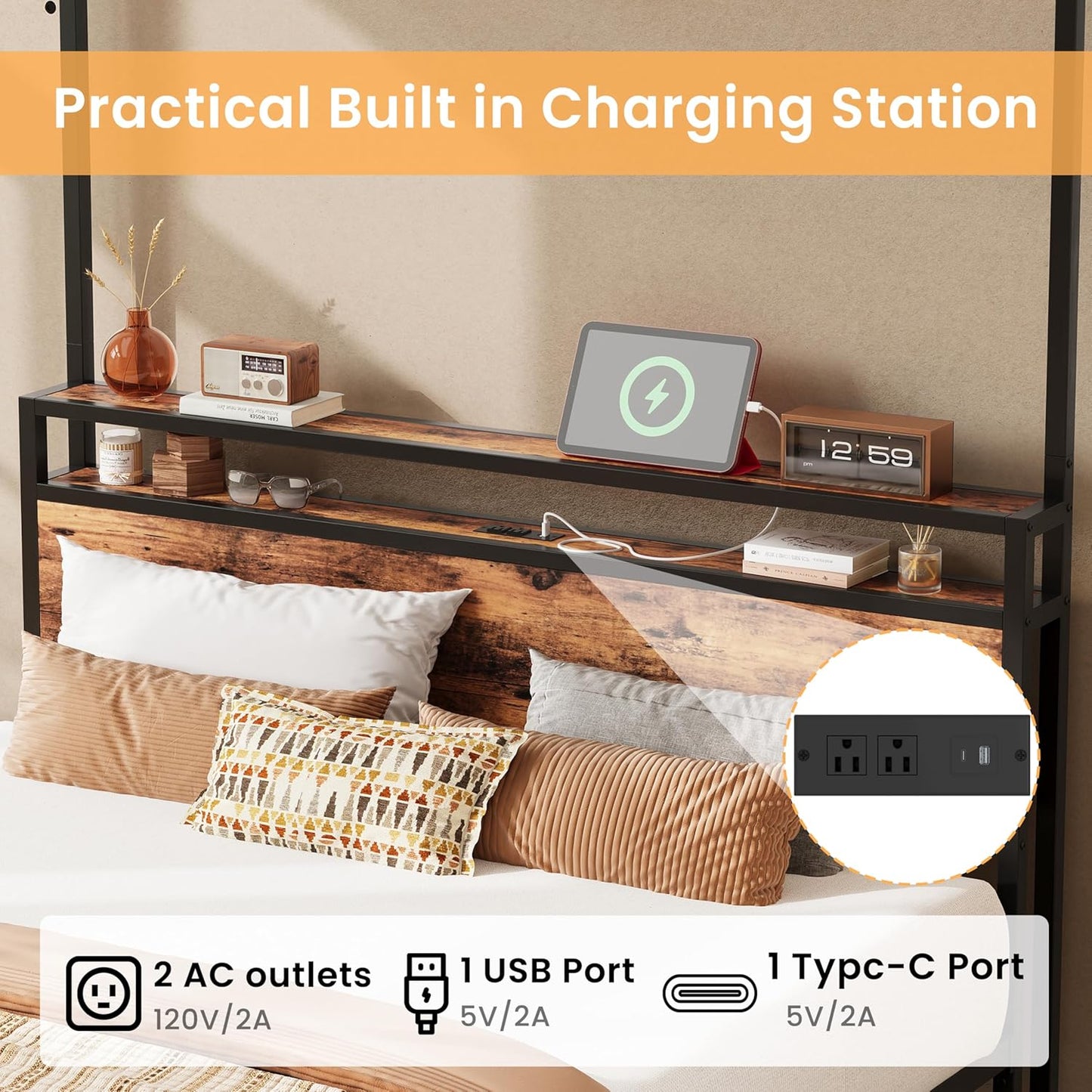 LIKIMIO Canopy Bed Frame Queen with Storage Headboard & Charging Station, Sturdy Metal Platform Bed with 4 Removable Posts, Dual Purpose Bed Frame, No Box Spring Needed, Noise Free